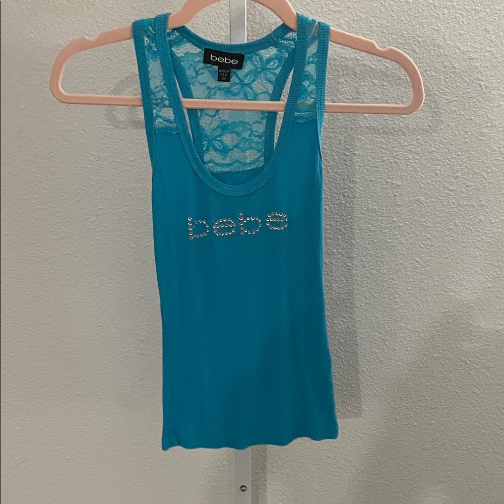 bebe Turquoise Lace-Back Rhinestone Logo Tank - Picture 5 of 5